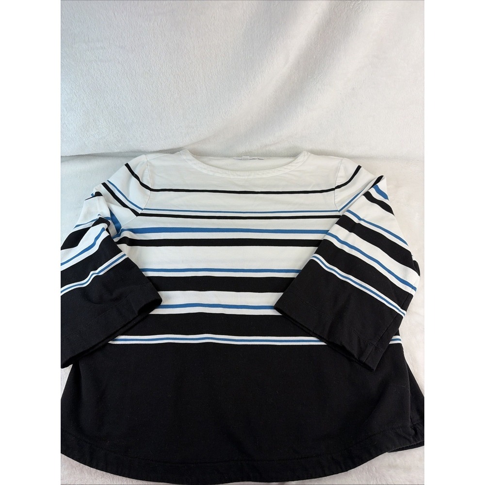 Chicos Soft Cotton Modal Stretch Stripe Top Size 2 Large Black Blue White 3/4 Al